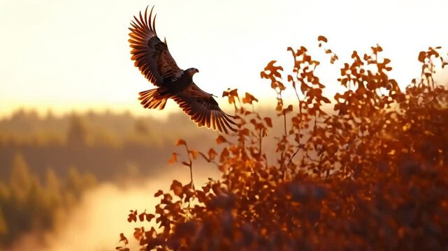 A majestic bird soars through a backdrop of autumn foliage, showcasing its expansive wings against a warm, golden-hued landscape.