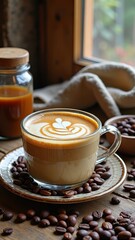 Cappuccino in rustic setting with latte art and coffee beans by window