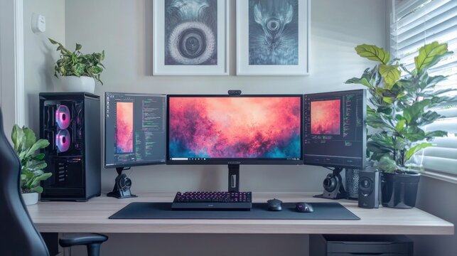 Modern Home Office Setup with Triple Monitors, Gaming PC, and Indoor Plants in Bright Natural Light