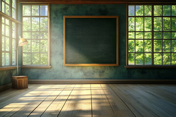 Sunlit classroom with chalkboard and wooden floor large windows show green trees