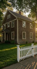 Classic Colonial Home with Cedar Shingles and White Picket Fence Radiating Charm