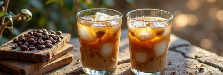 Refreshing iced coffee drinks in glasses outdoors with coffee beans