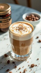 Creamy cappuccino with cocoa topping and coffee beans on a marble table