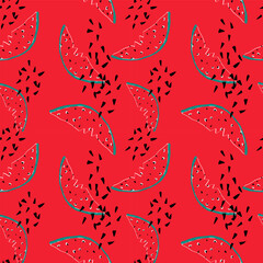 Summer watermelon trendy vector seamless pattern in childish doodle style, hand drawn in trendy colors. Watermelon, watermelon seeds, smiley, textures on red background