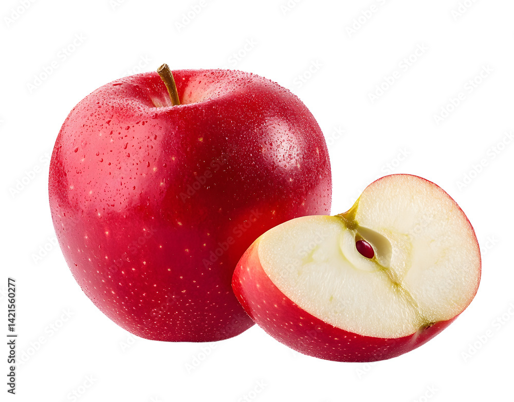 Poster apple isolated png. red apple and a slice on transparent background. png format. red apples with no 