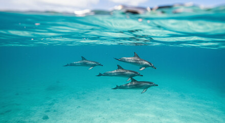 Fototapeta premium Dolphins Swimming Underwater in Clear Blue Ocean Water