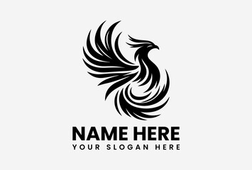 Obraz premium Bold phoenix bird logo vector in black, wide-winged firebird design symbolizing rebirth and strength 