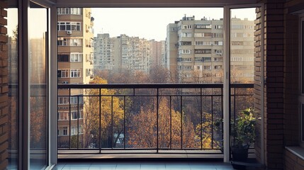 View of a Cityscape Through a Balcony Window with Autumn Trees and Modern Buildings in the Background