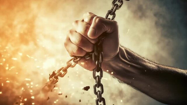 A powerful fist breaking chains, symbolizing liberation.