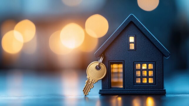 Cozy miniature house model with key on desk illuminated by warm bokeh lights in background