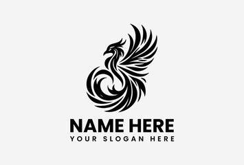 Majestic black phoenix with spread wings rising from flames, mythical rebirth emblem for powerful branding