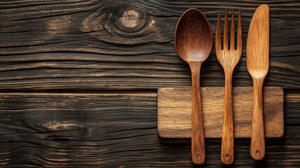 Wooden Kitchen Utensils on Rustic Wooden Table Surface with Natural Grain Patterns and Warm Tones