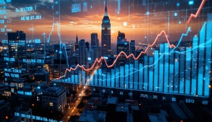 New York City skyline with financial data overlay at dusk - Powered by Adobe