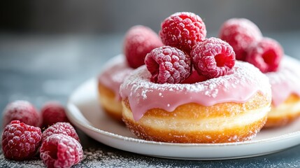 An exquisite raspberry frosted doughnut adorned with fresh raspberries, delivering a sweet burst of flavor that appeals to both the eyes and taste buds of dessert lovers.
