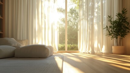 Fototapeta premium Serene Sunlit Room with Minimalist Decor and Soft Natural Light Streaming Through Sheer Curtains