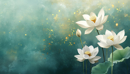 This wedding invitation boasts elegant white flowers, a teal textured background, and luxurious gold accents