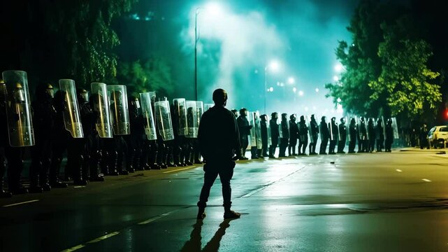 A lone protester standing against a line of riot police, a dramatic standoff in a dimly lit urban environment.