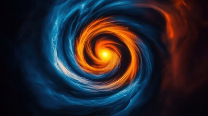 A vibrant, swirling galaxy of blue and orange hues, depicting a cosmic whirlpool with a central glowing core.