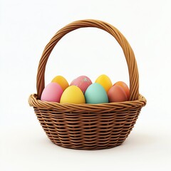 Naklejka premium Pastel Easter eggs nestled in a woven wicker basket, a springtime celebration of new beginnings and joyful festivities.