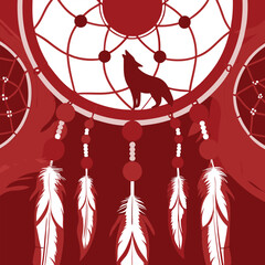 Mystical wolf silhouette designs in nature scenes with spiritual, emotional and tribal elements vector illustration