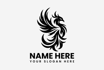 Sleek black phoenix silhouette with geometric wing details, modern and minimalist emblem for luxury brands