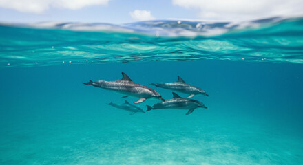 Dolphins Swimming Together Underwater in Clear Ocean Water