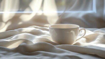 Fototapeta premium Serene White Cup on Soft Cream Fabric Near Bright Window Light