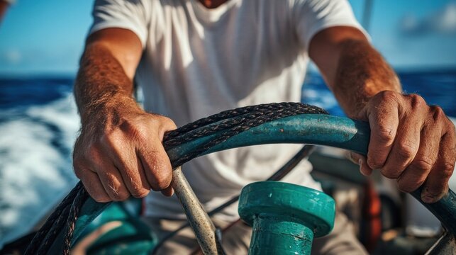 hands holding the steering wheel, man in white t-shirt driving small boat with black rope coiled around handlebar and green plastic water pipe on deck