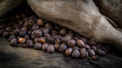 Freshly Harvested Coffee Beans Spilling from Burlap Sack on Table