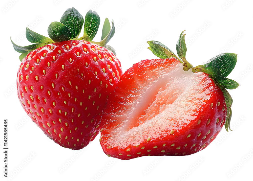 Poster strawberries isolated. strawberry slice and whole berry isolate. two strawberries on white. side vie