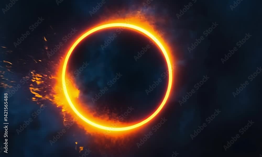 Sticker glowing neon light circle suspended in space against an all-black background made with generative ai