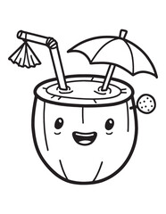 Cute Kawaii Coconut Drink with Umbrella – Tropical Coloring Page