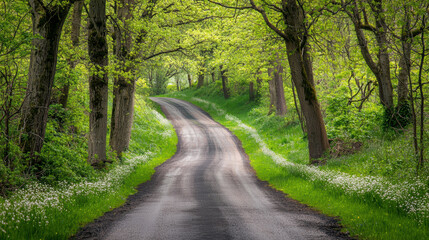 Obraz premium A winding asphalt road curves through a lush green forest tunnel, bathed in soft sunlight filte through the canopy of vibrant sp foliage, creating a tranquil scene.