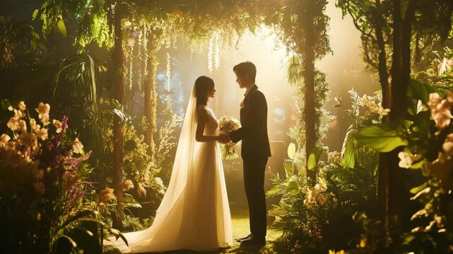 Couple exchanges vows in an enchanting garden filled with blooming flowers and gentle lighting, creating a magical and intimate atmosphere for their special day