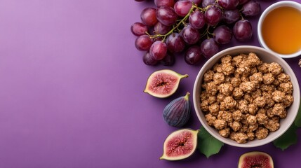 A visually appealing selection of healthy snacks including grapes and figs showcases a vibrant variety of fruits, emphasizing the theme of nutritious and flavorful eating.