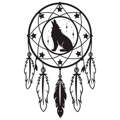 Mystical wolf silhouette designs in nature scenes with spiritual, emotional and tribal elements vector illustration