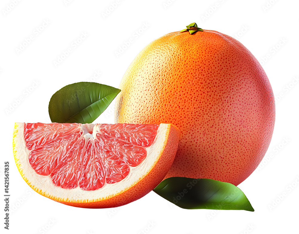 Poster grapefruit isolated. pink grapefruit with leaf. whole grapefruit with slice on white. grapefruit sli
