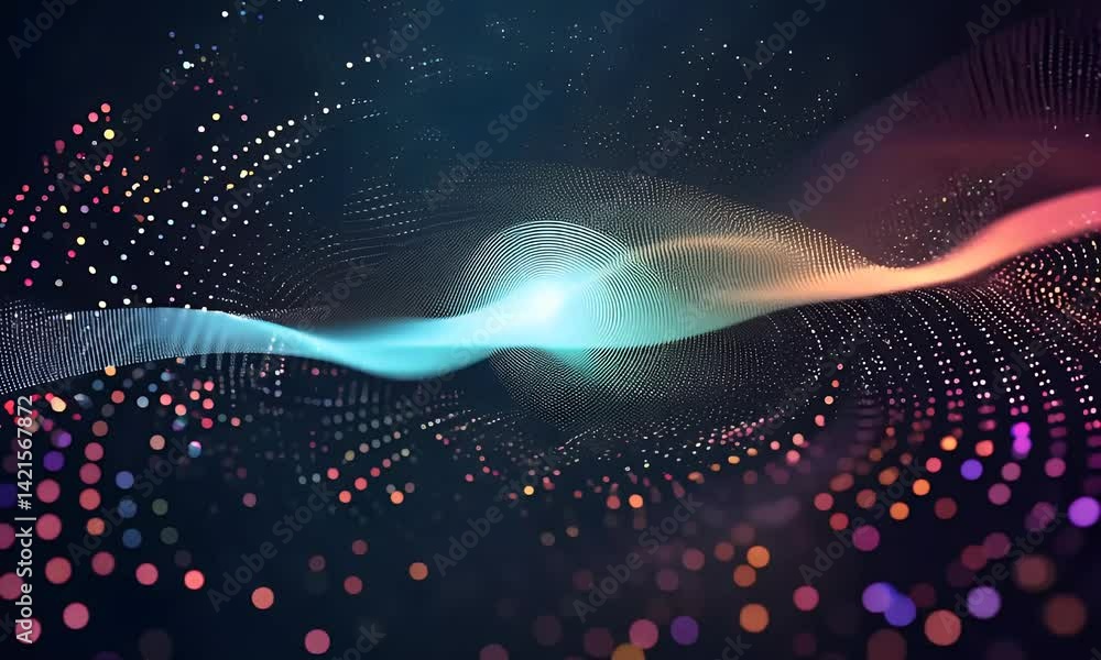 Poster abstract digital wave of glowing particles and energy flows with futuristic motion in a sci-fi inspi