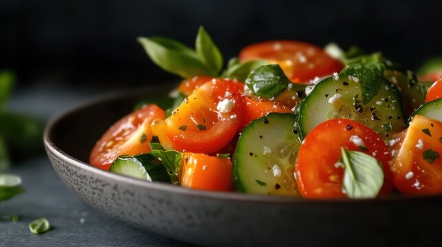 A colorful bowl of salad featuring ripe tomatoes, cucumbers, and fresh herbs, making for an inviting and nutritious dish perfect for any occasion.