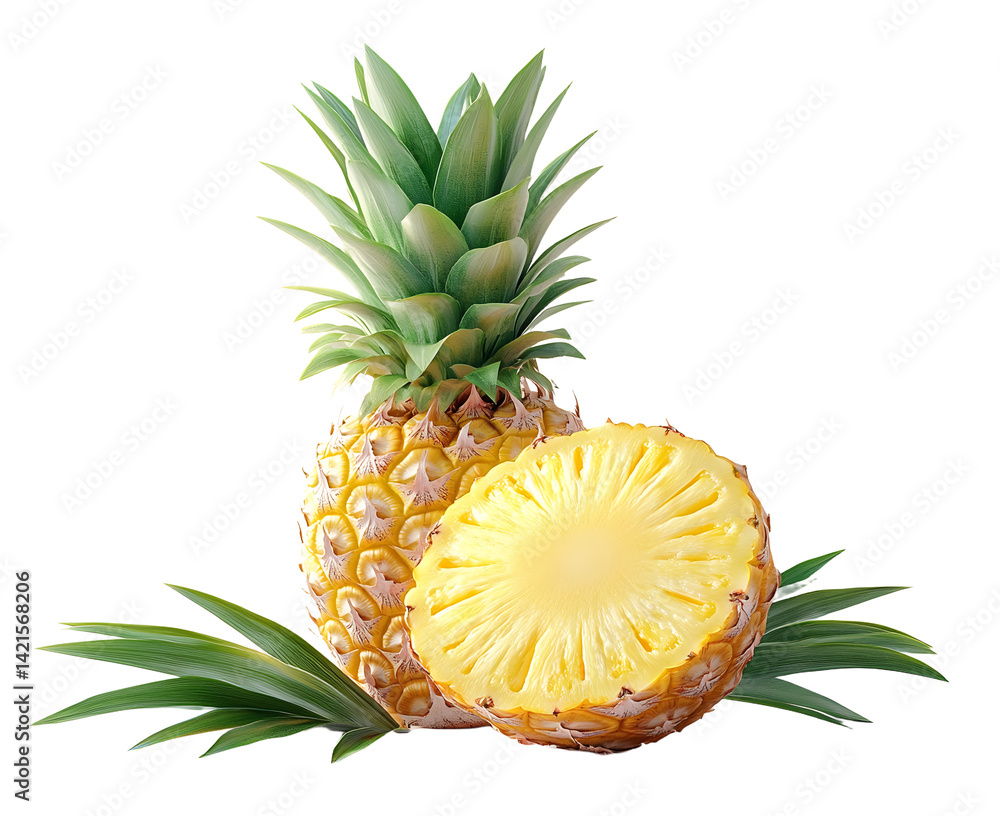 Poster whole pineapple and pineapple slice. pineapple with leaves isolate on white. full depth of field..