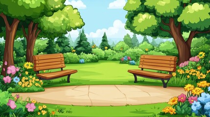 Serene Park Scene with Benches Surrounded by Lush Green Trees and Colorful Flowers in a Sunny Daylight Setting