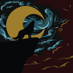 Mystical wolf silhouette designs in nature scenes with spiritual, emotional and tribal elements vector illustration