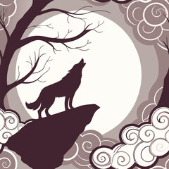 Mystical wolf silhouette designs in nature scenes with spiritual, emotional and tribal elements vector illustration