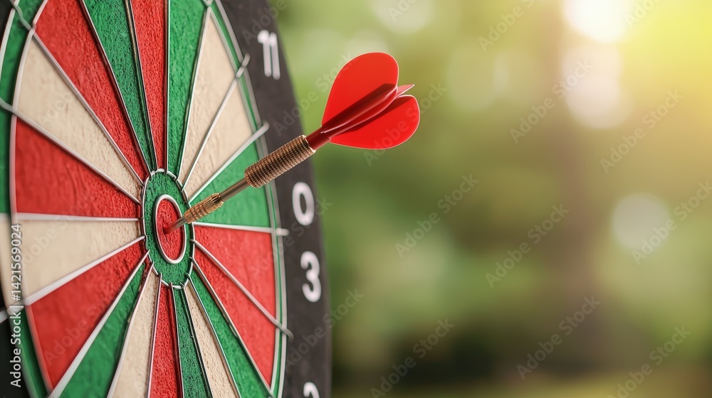 Aufkleber a dart is embedded in the bullseye of a colorful dartboard, set against a blurred natural background
