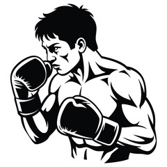 A cartoon vector illustration depicts a boxer with boxing gloves in a sport art drawing