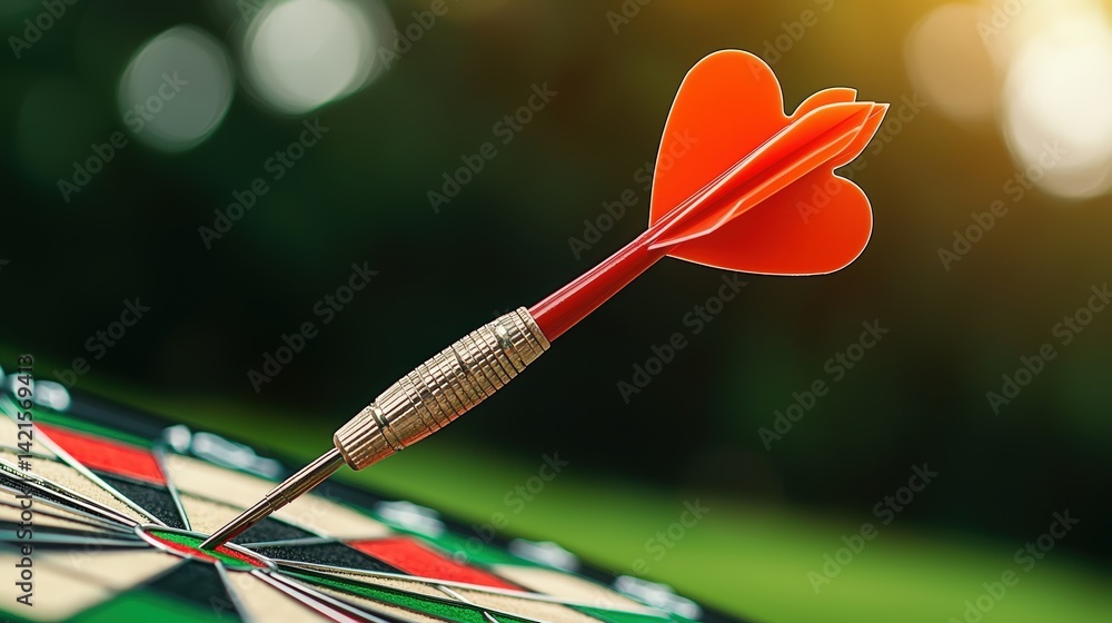 Poster a dart with a heart-shaped tip is striking the bullseye on a dartboard, symbolizing love and precisi