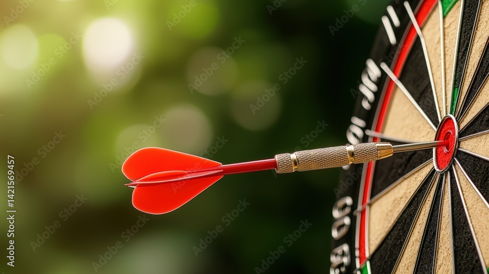 Poster a close-up of a dart hitting the bullseye on a dartboard against a blurred green background, symboli