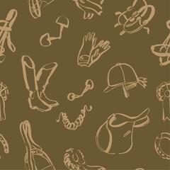 Outline seamless pattern with horseback riding items, hand drawn illustration, fabric design