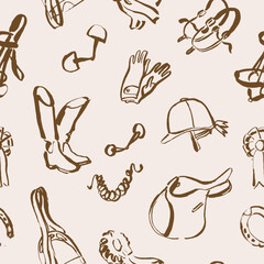 Outline seamless pattern with horseback riding items, hand drawn illustration, fabric design