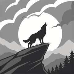 Mystical wolf silhouette designs in nature scenes with spiritual, emotional and tribal elements vector illustration